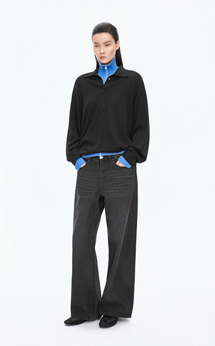 Sweater / JNBY Oversized Wool-Cashmere Polo Pullover Black