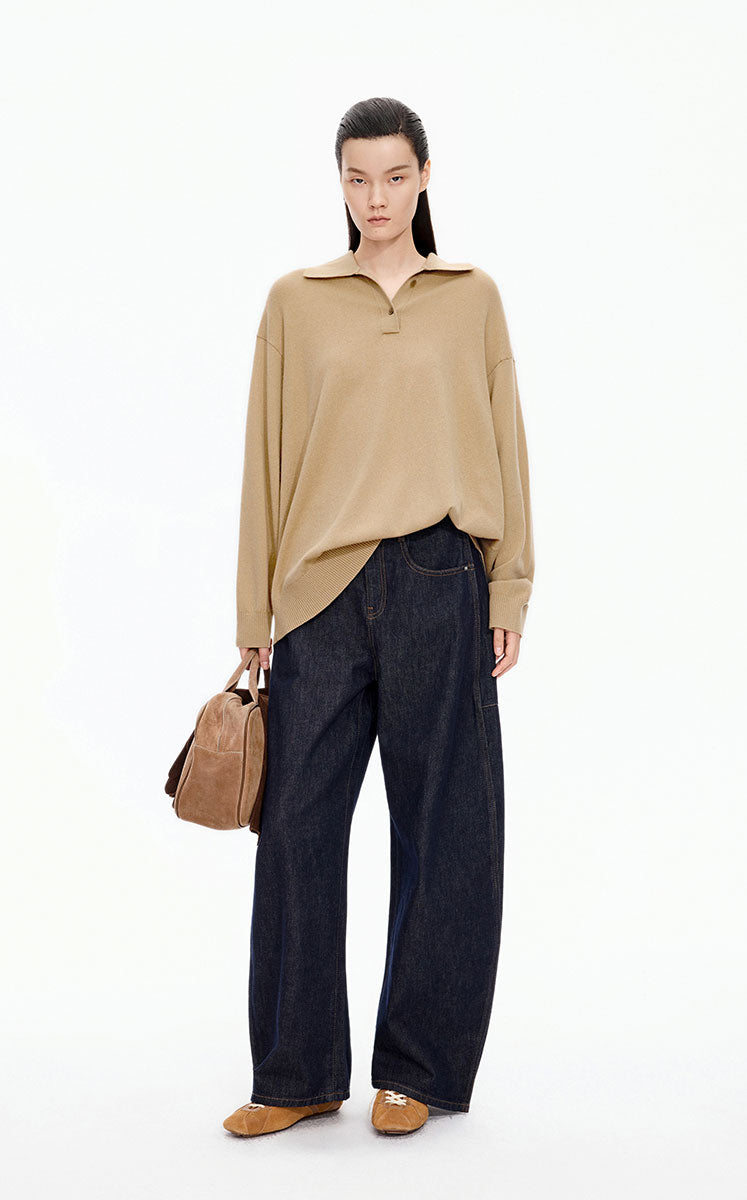Sweater / JNBY Oversized Wool-Cashmere Polo Pullover Khaki