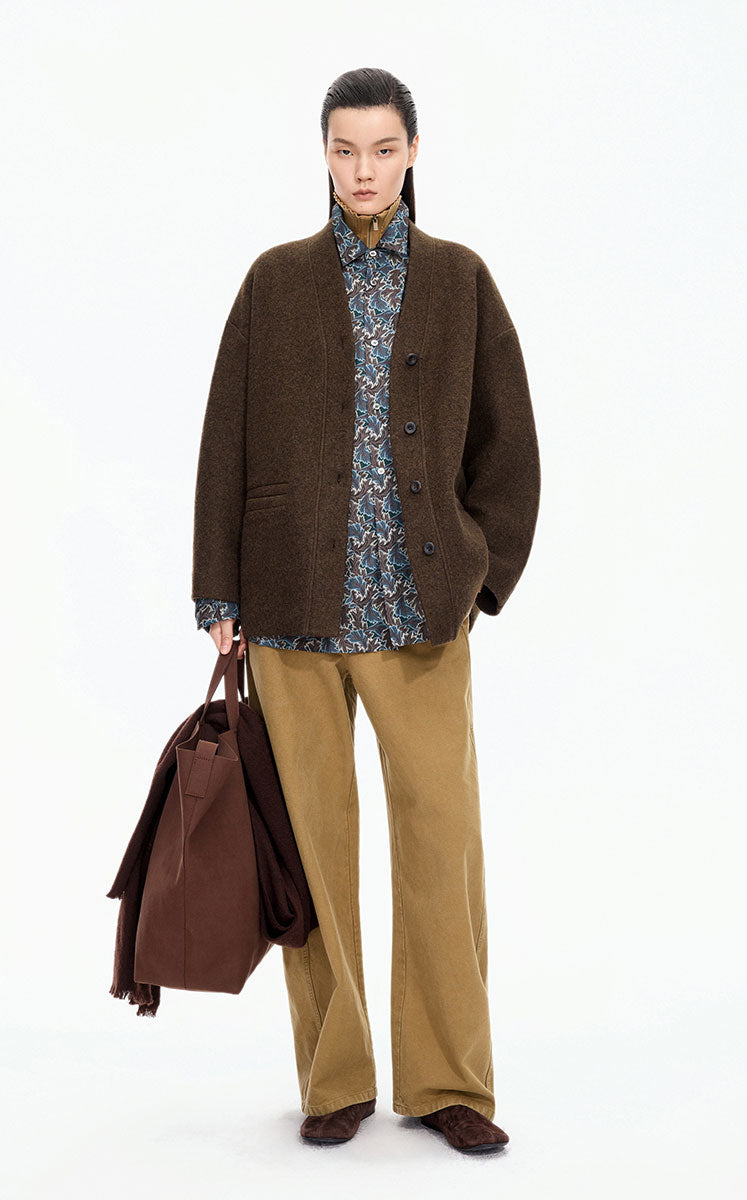 Coat / JNBY Oversize V-Neck Wool-Blend Jacket Coffee