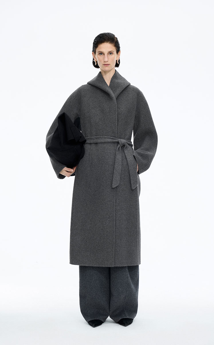 Coat / JNBY Wool Cashmere Hooded Long Coat Grey