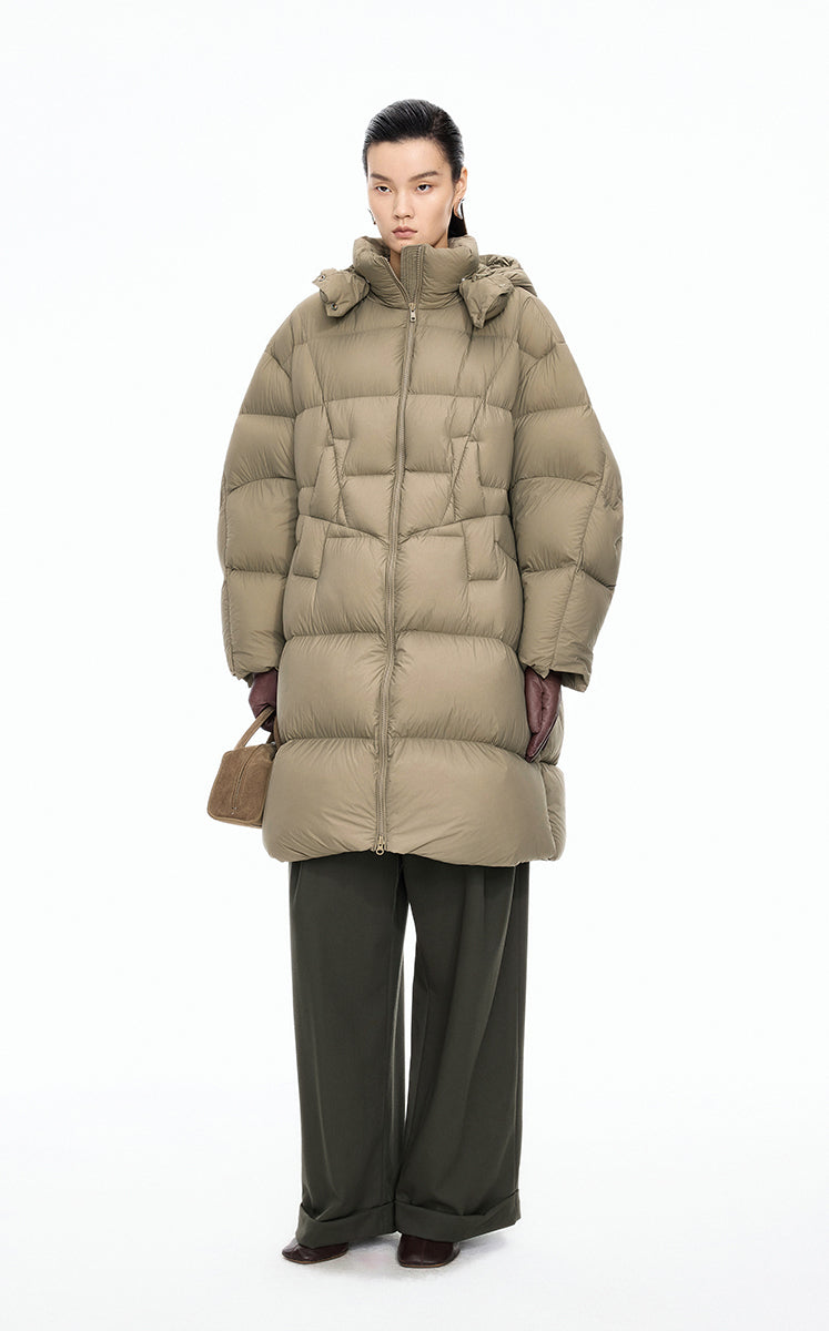 Down Coat / JNBY Deconstructed A-line Hooded Long Down Coat Grey Kahaki