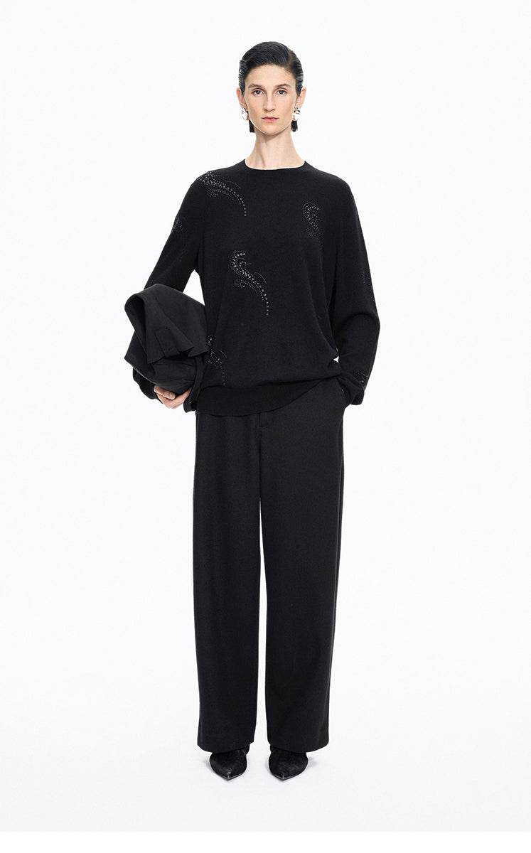 Sweater / JNBY Wool-Cashmere Ripple Crystal Embellished Pullover Black