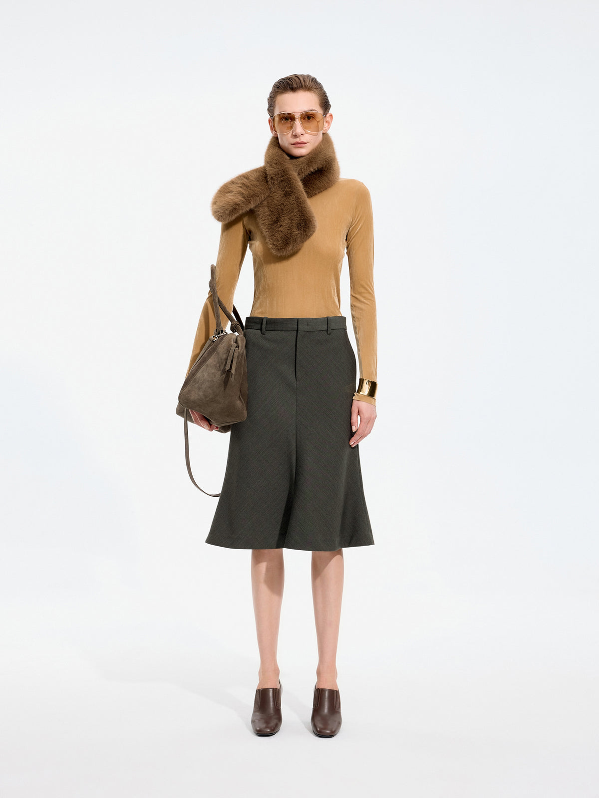 T-Shirt / JNBY Nylon Flocked Mesh Long Sleeve Top Yellow Khaki