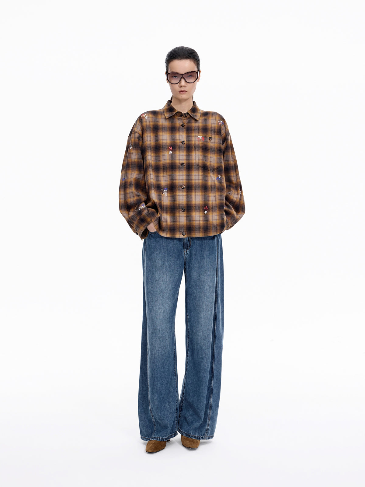 Shirt / JNBY Oversized Cotton Plaid Shirt with Embroidery Dark Brown Family