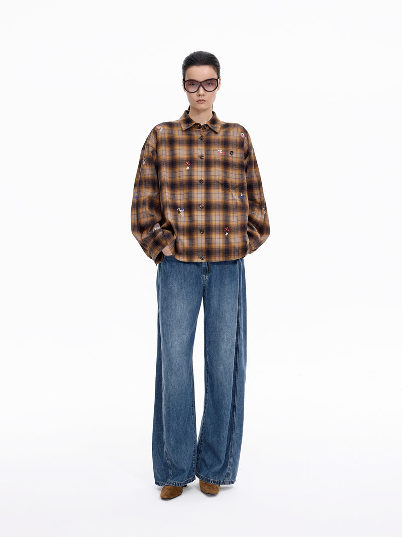 Shirt / JNBY Oversized Cotton Plaid Shirt with Embroidery Dark Brown Family