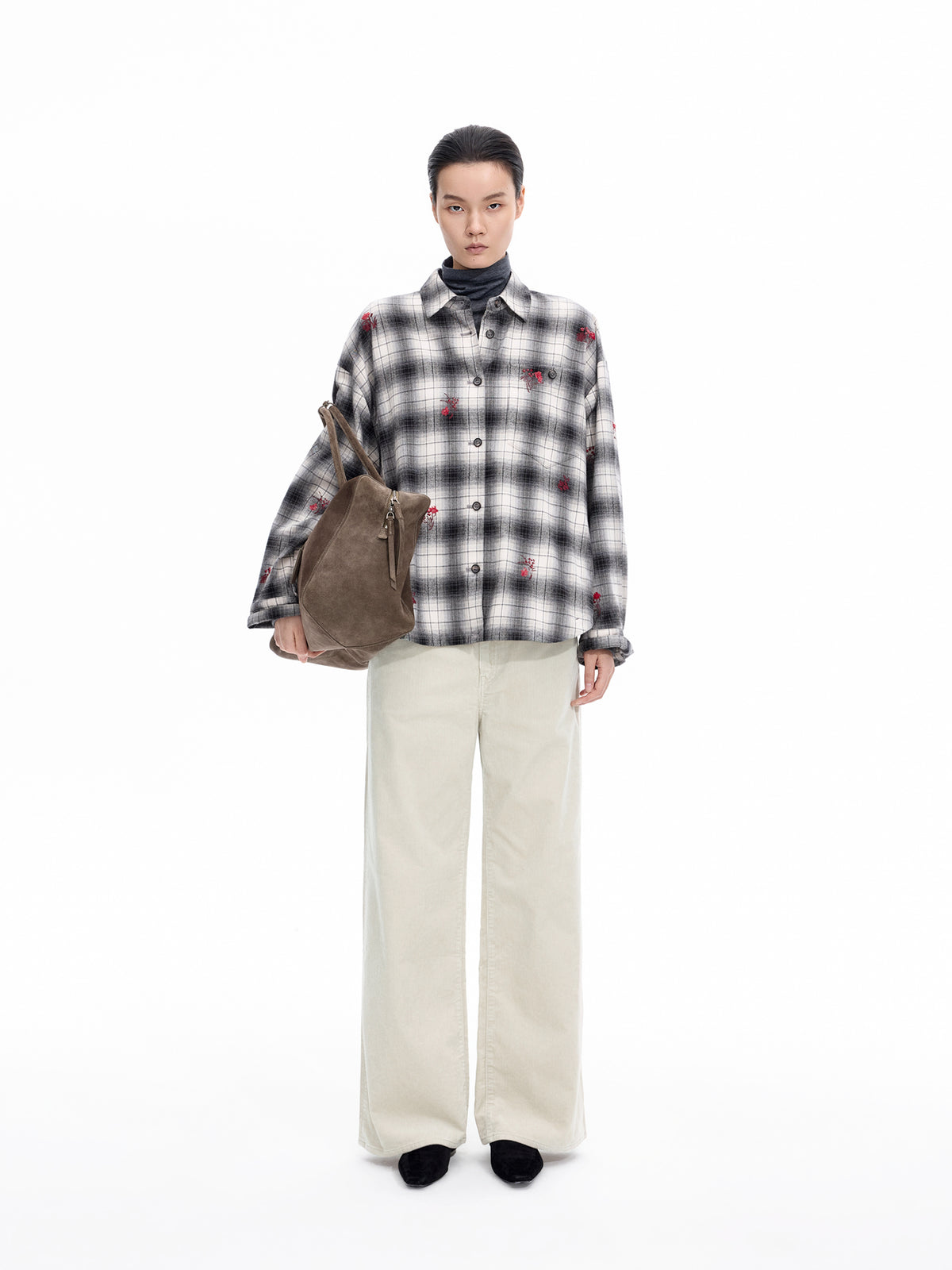 Shirt / JNBY Oversized Cotton Plaid Shirt with Embroidery Black & White Stripe Check