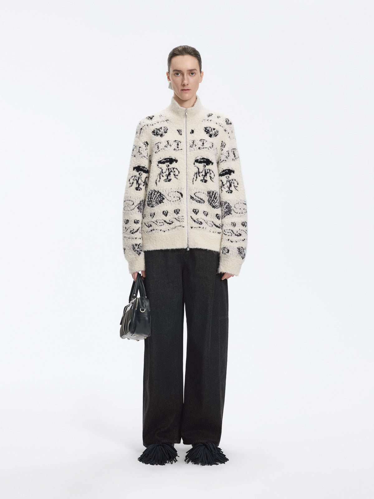 Cardigan / JNBY Alpaca Blend Jacquard Open Front Sweater Black Stripes on White