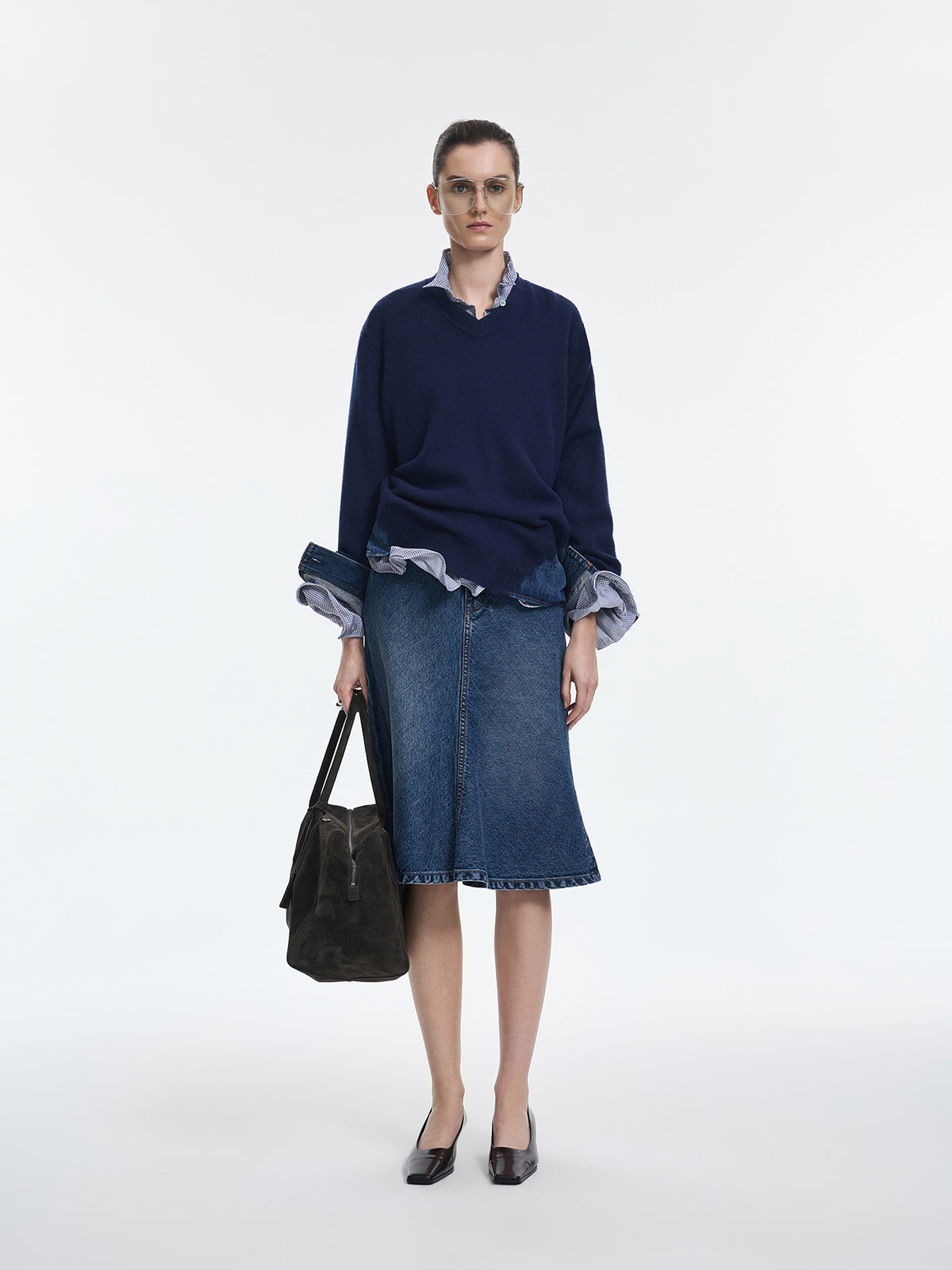 Sweater / JNBY Wool Yak Blend V-Neck Patchwork Pullover Dark Blue