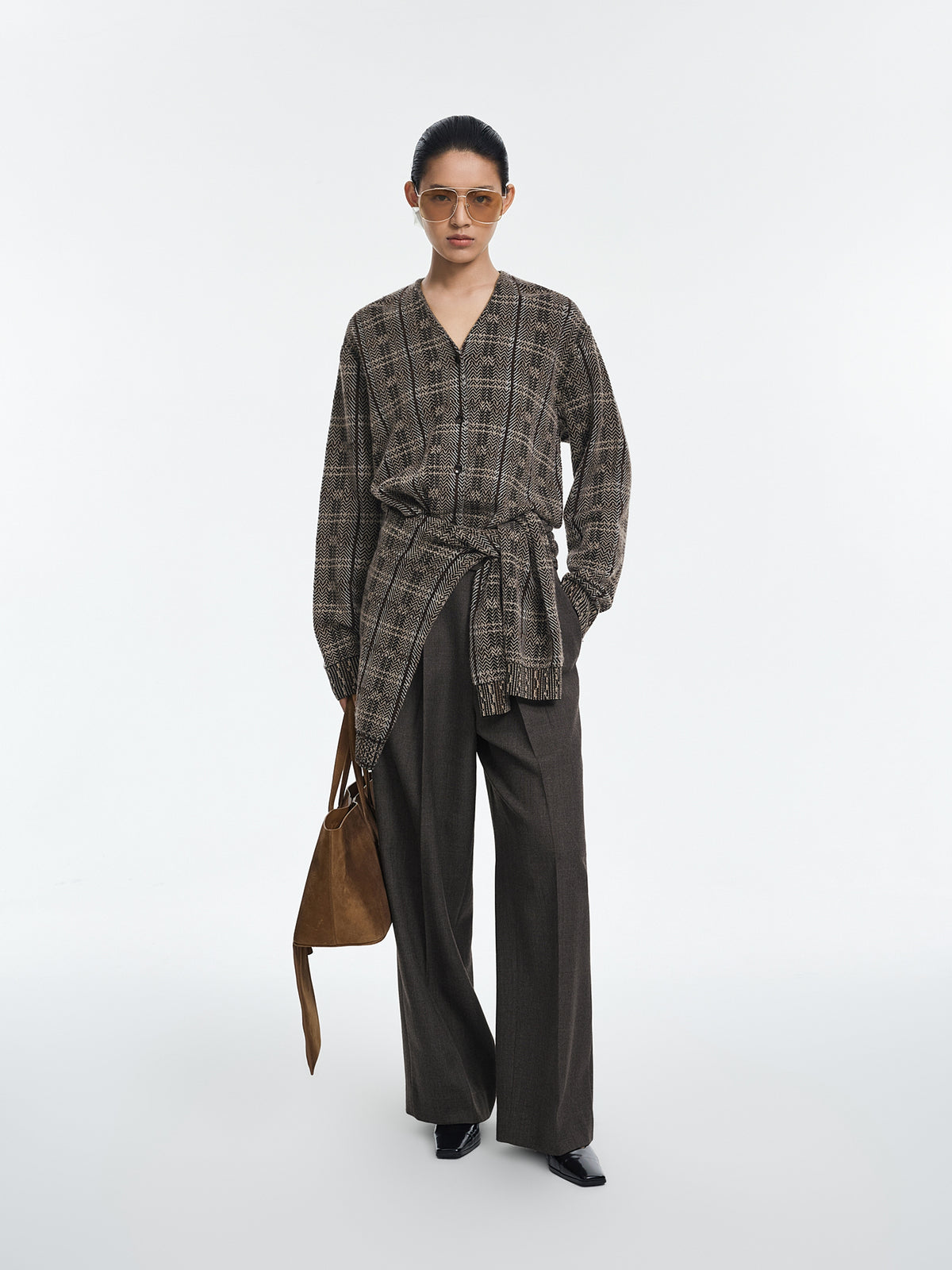 Cardigan / JNBY 100% Merino Wool Oversized Plaid Knit Black-Khaki Family