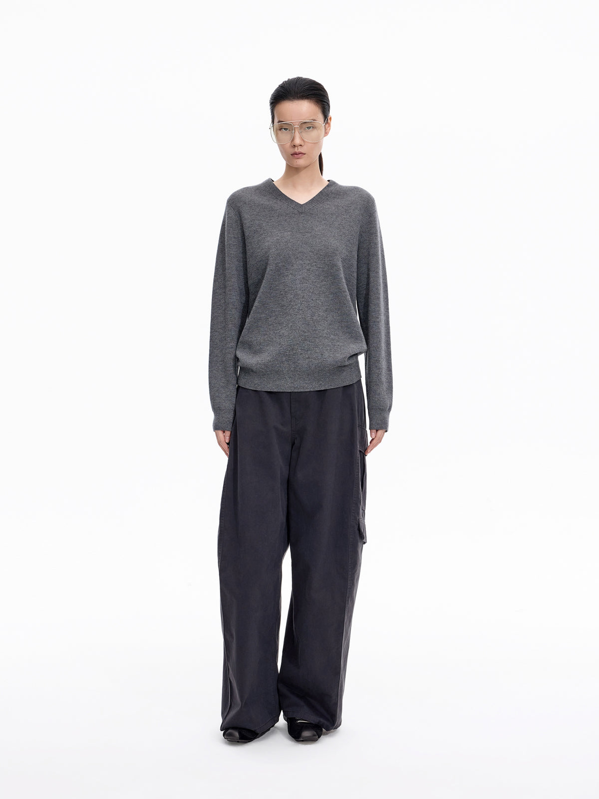 Sweater / JNBY Wool Jacquard V-Neck Pullover Dark Heather Gray