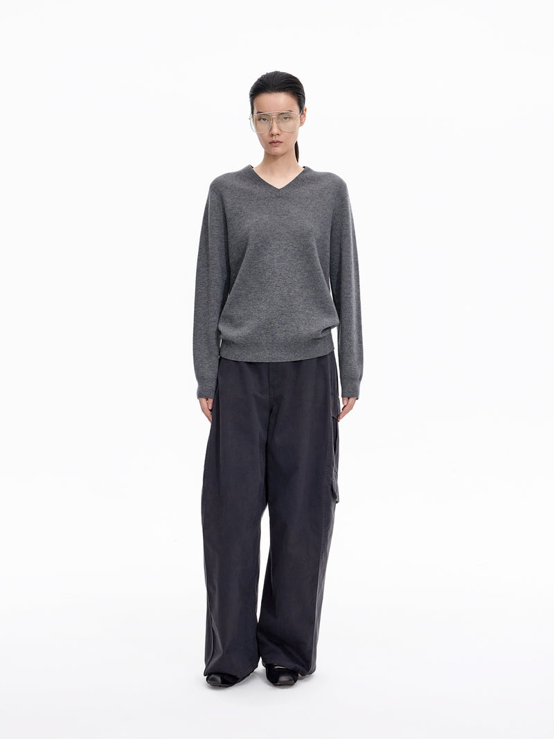 Sweater / JNBY Wool Jacquard V-Neck Pullover Dark Heather Gray