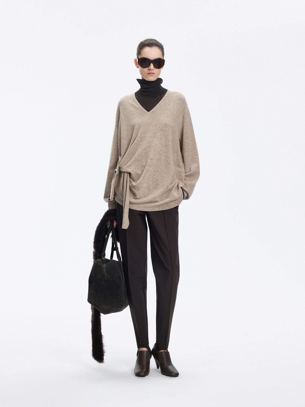 Sweater / JNBY 100% Merino Wool V-Neck Oversized Pullover Light Heather Beige