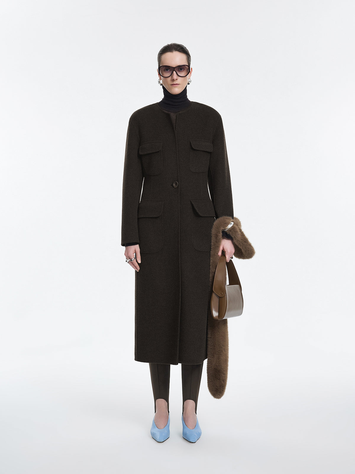 Coat / JNBY Wool Blend Double-Faced X-Line Long Coat Dark Heather Brown