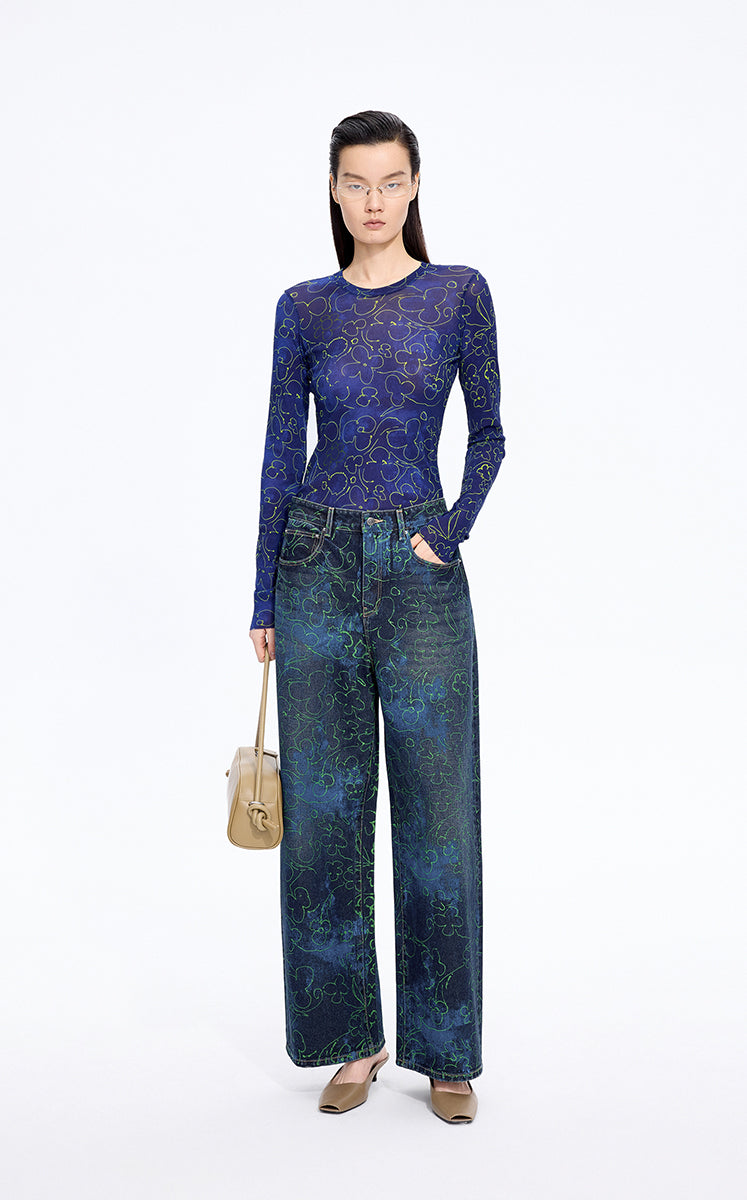 T-Shirt / JNBY Floral Print Stretch Slim Long Sleeve Tee Navy