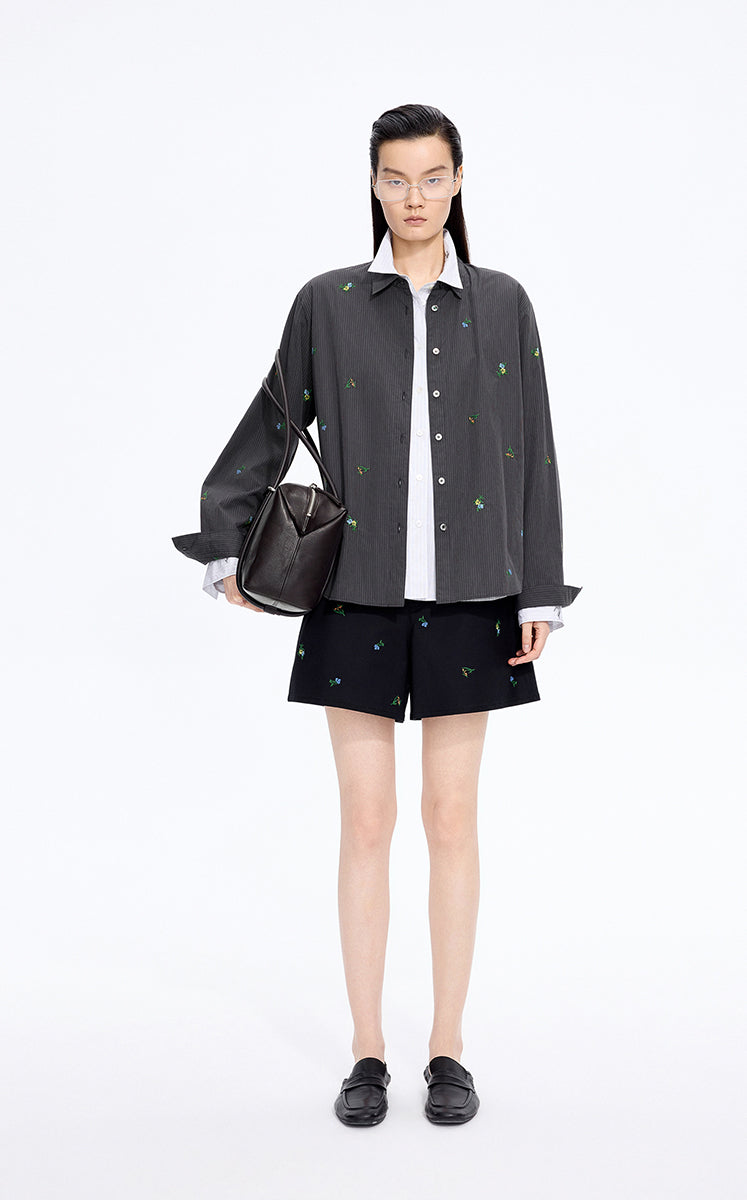 Shirt / JNBY Embroidered Floral Stripe Oversized Shirt Grey Marl