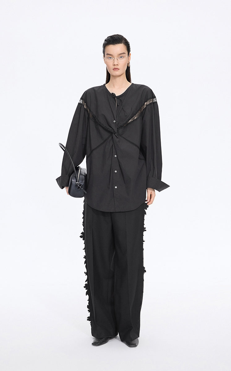 Shirt / JNBY Lace Panel Cotton Relaxed Long Sleeve Shirt Black
