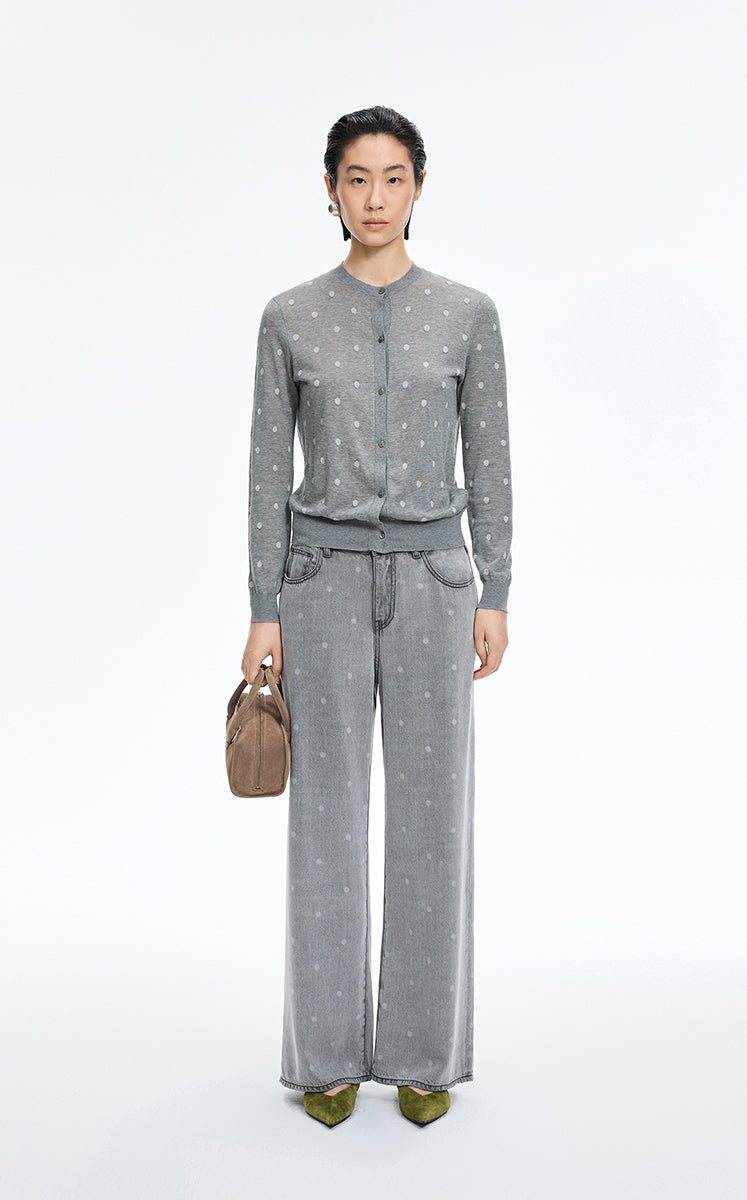 Sweater / JNBY Polka Dot Cropped Cotton Blend Cardigan Grey Marl