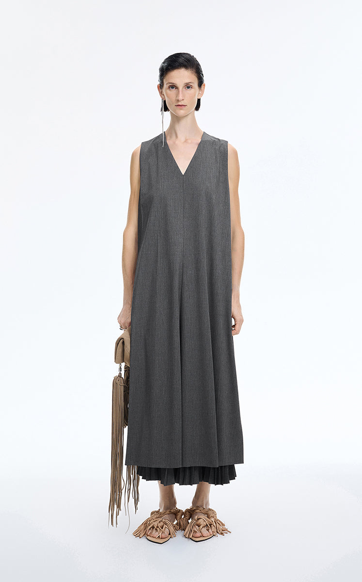 Dress / JNBY V-Neck Pleated Maxi Dress Dark Grey Marl