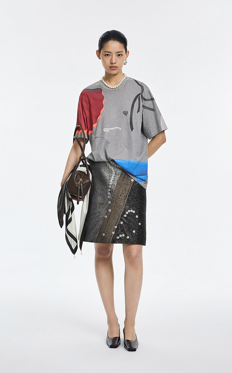 T-Shirt / JNBY Abstract Graphic Print Relaxed Tee Medium Heather Grey