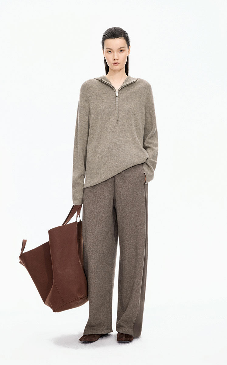 Sweater / JNBY Loose Quarter-Zip Wool Hoodie Kahaki