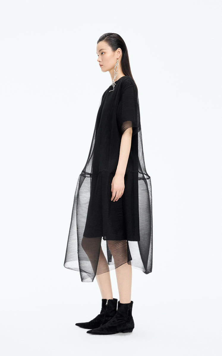 Dress / JNBY Pleated Mesh A-Line Short Sleeve Dress