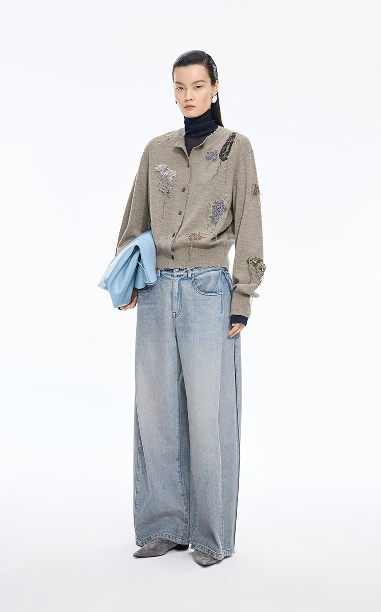 Sweater / JNBY Botanical Short Cropped Fit Wool Cardigan