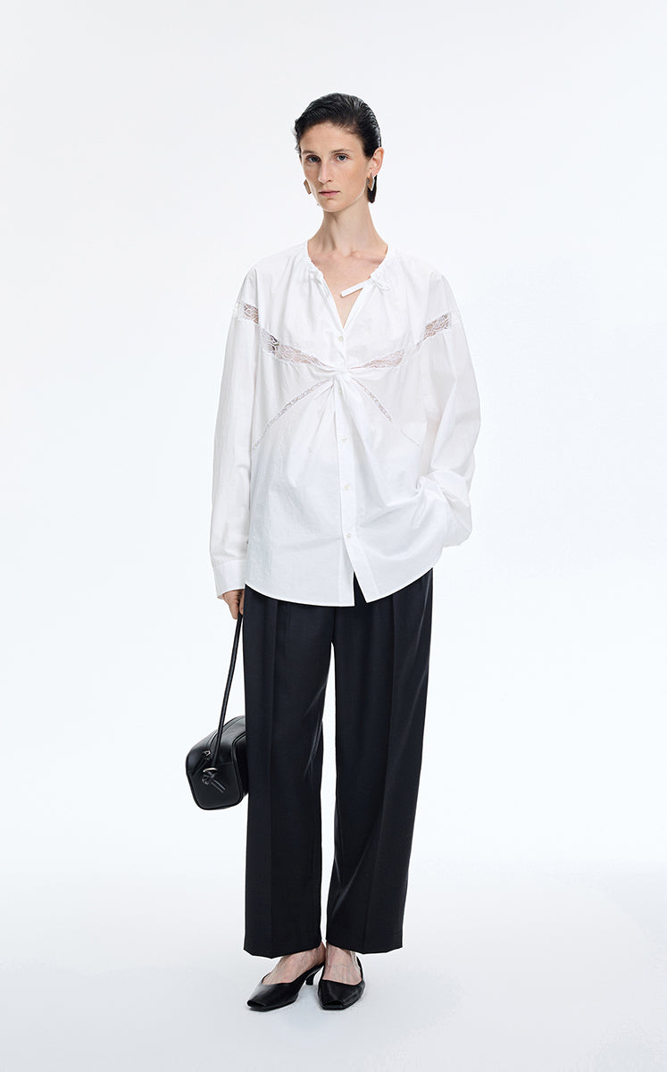 Shirt / JNBY Lace Panel Cotton Relaxed Long Sleeve Shirt
