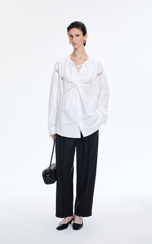 Shirt / JNBY Lace Panel Cotton Relaxed Long Sleeve Shirt