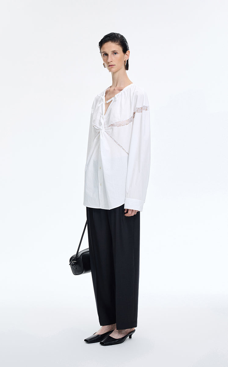 Shirt / JNBY Lace Panel Cotton Relaxed Long Sleeve Shirt Ecru
