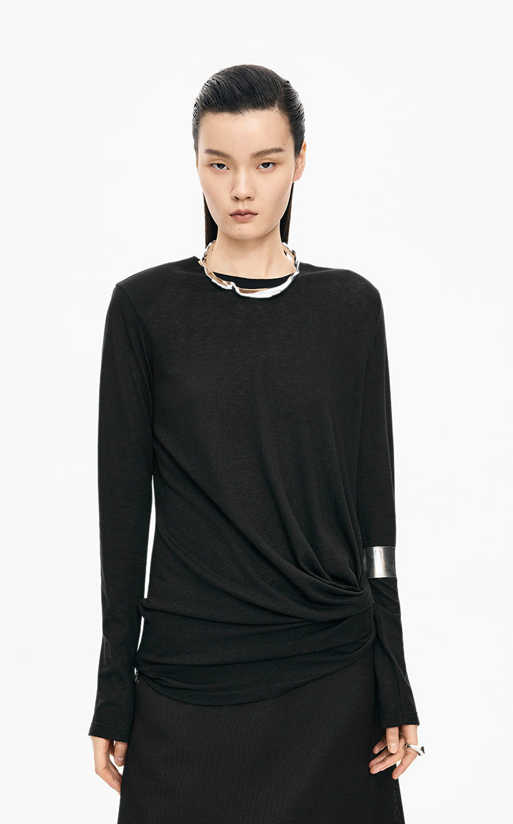 T-Shirt / JNBY Wool Blend Ruched Long Sleeve Tee Black