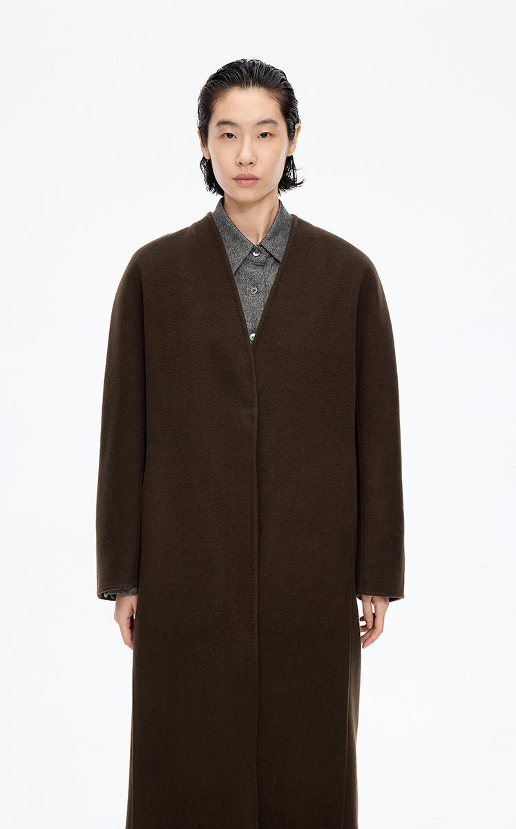 Coat / JNBY Collarless Longline Wool Double-Face Coat