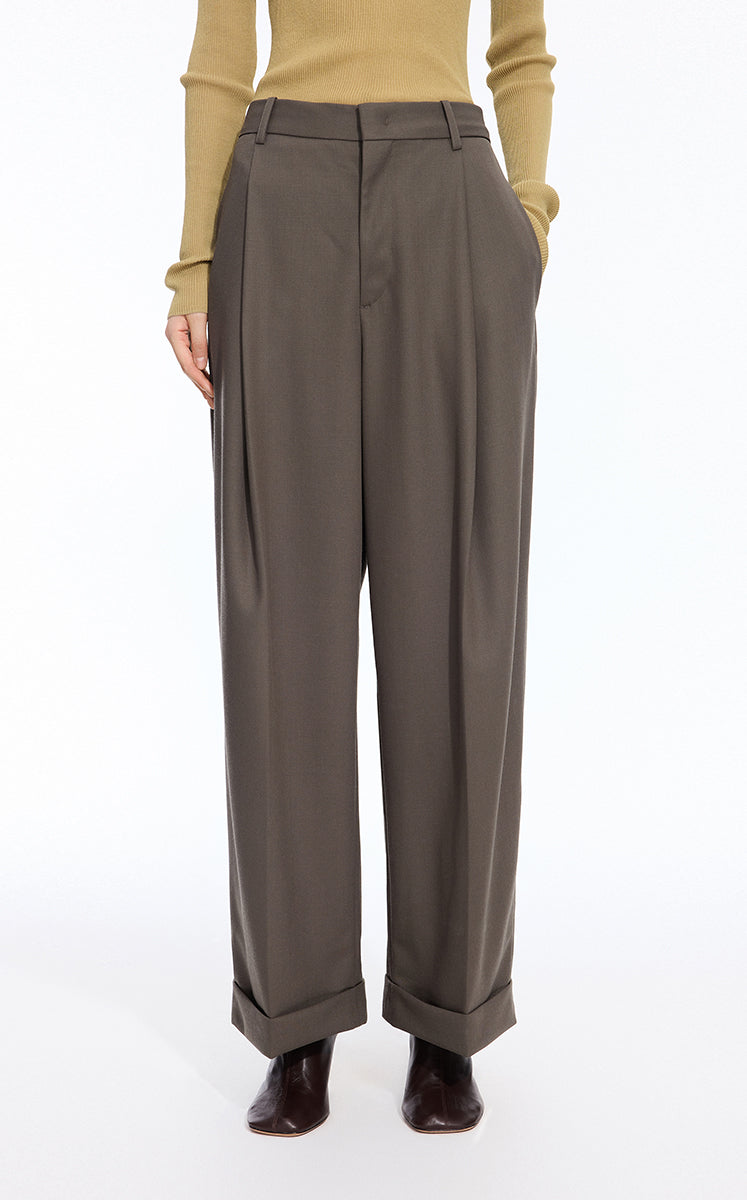 Pants / JNBY Wool Jacquard Cuffed Wide-Leg Pants Brown