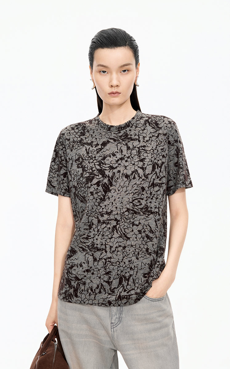 T-Shirt / JNBY Floral Wool-Blend Loose Tee Grey Brown