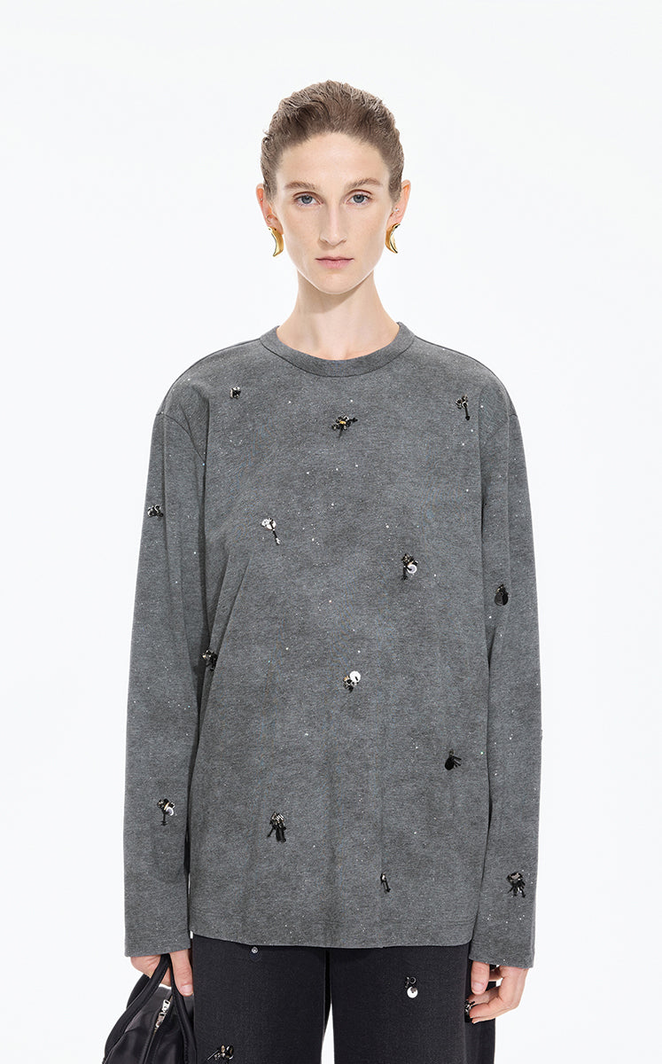 T-Shirt / JNBY Beaded Cotton Long Sleeve Tee Grey