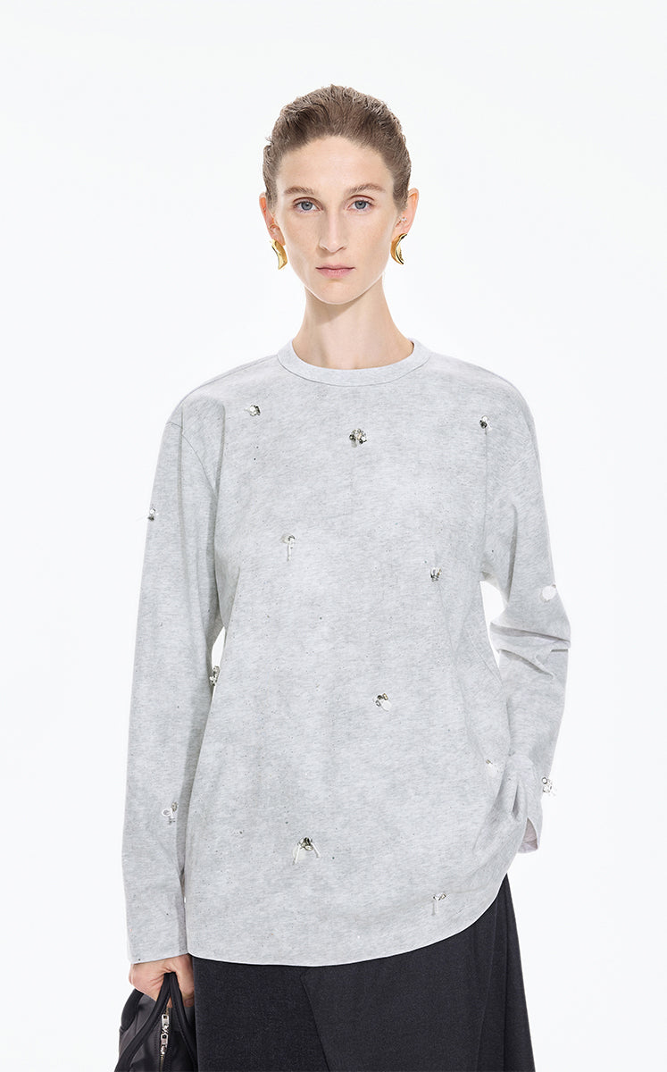 T-Shirt / JNBY Beaded Cotton Long Sleeve Tee Grey White