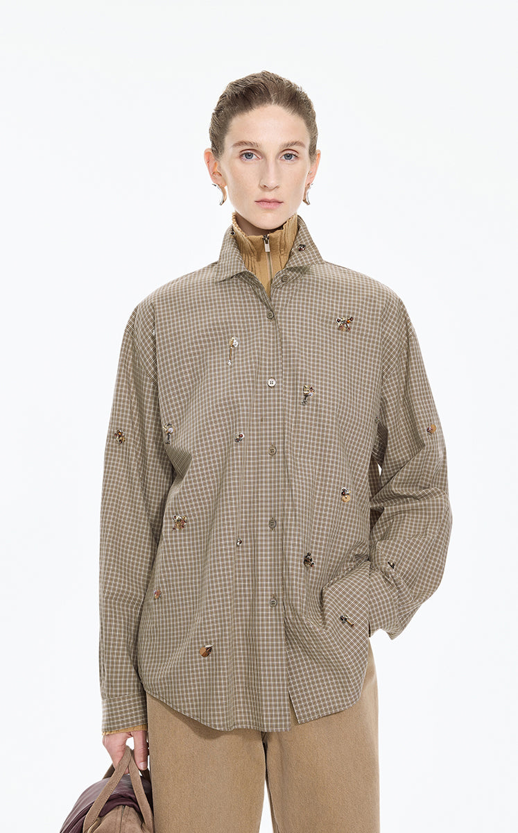 Shirt / JNBY Oversized Beaded Cotton Poplin Shirt Brown Kahaki