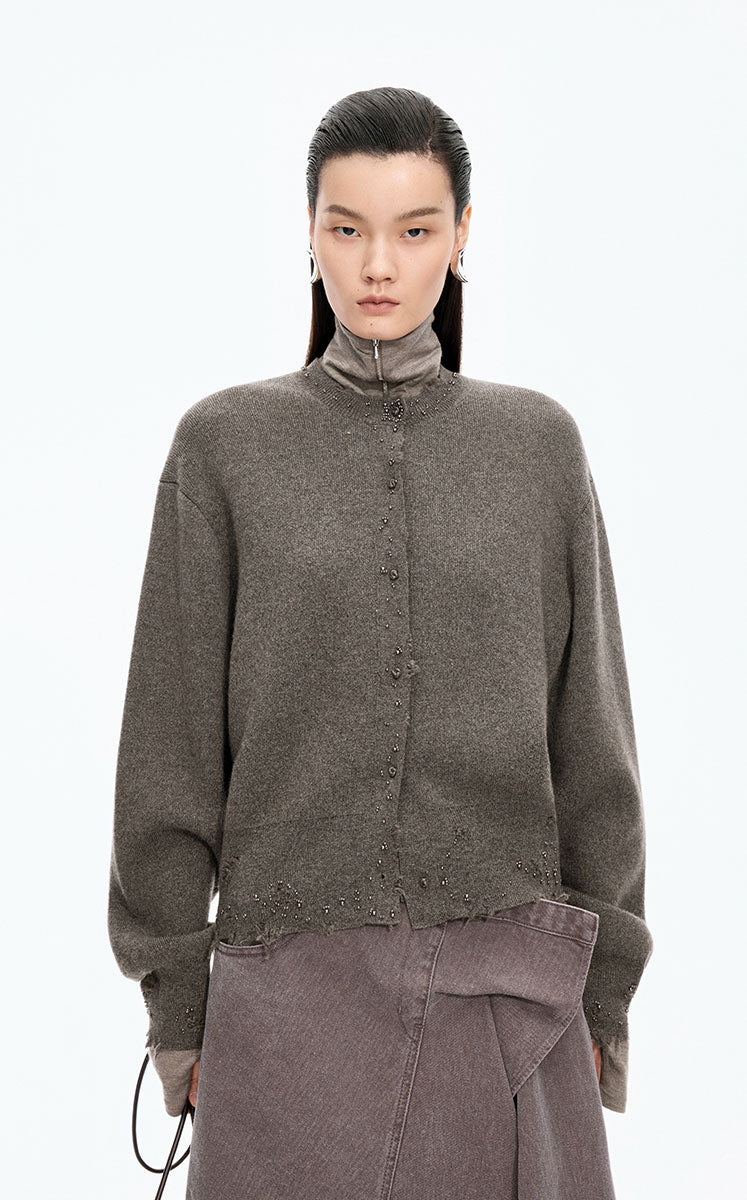 Sweater / JNBY Beaded Trim Cashmere-Wool Blend Cardigan