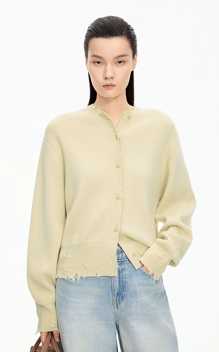 Sweater / JNBY Beaded Trim Cashmere-Wool Blend Cardigan