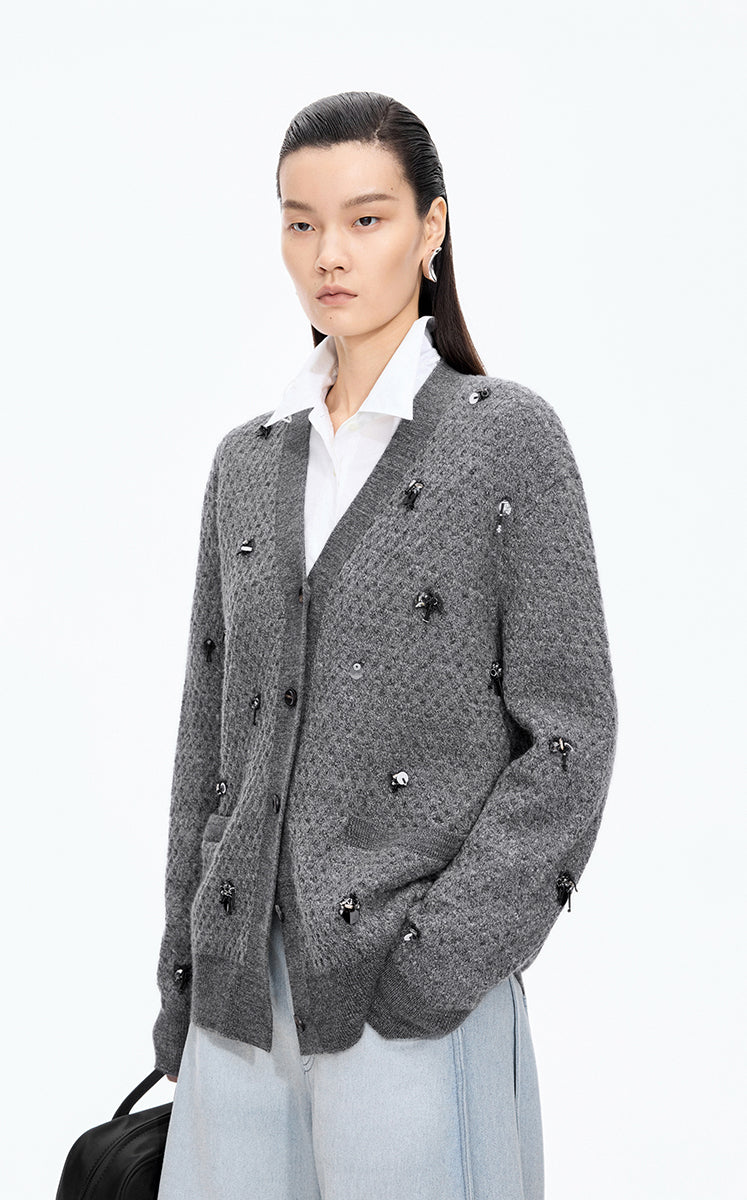 Sweater / JNBY Textured Beaded Wool Cardigan Grey