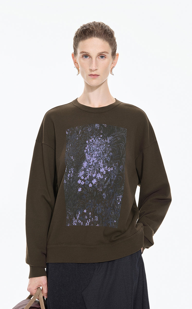 Sweatshirt / JNBY Floral motif Cotton Pullover Dark Brown