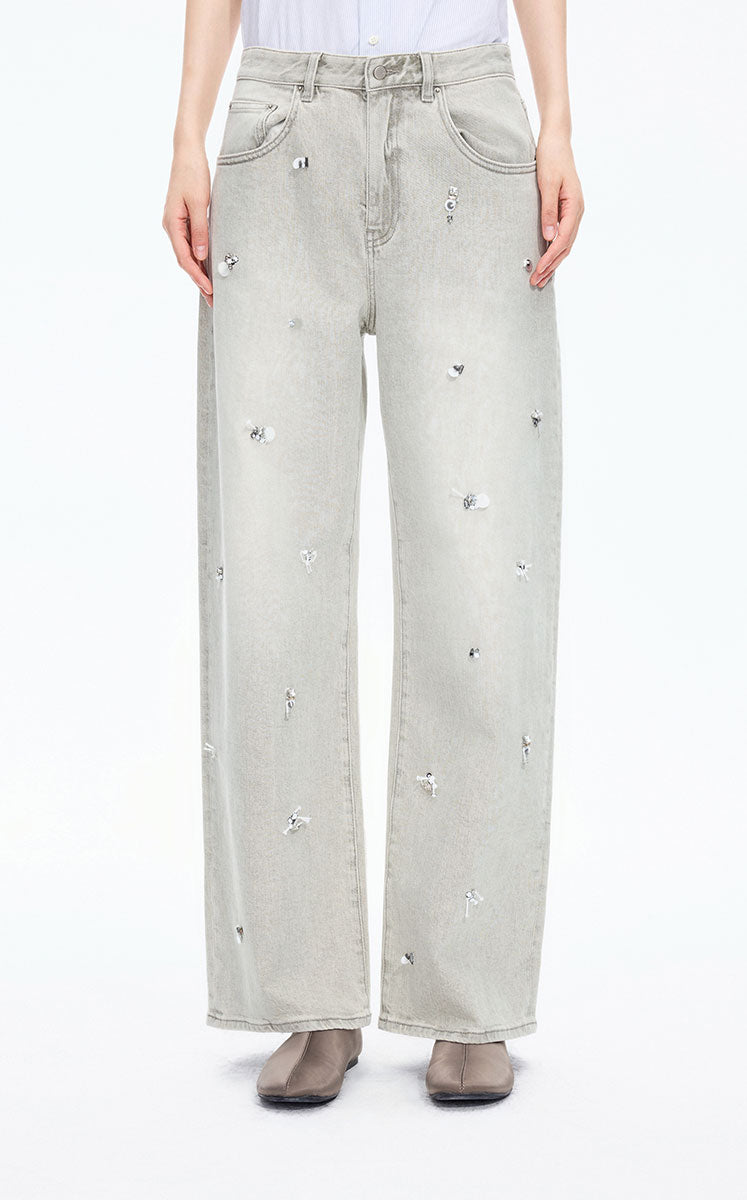 Pants / JNBY Beaded Straight-Leg Denim Grey