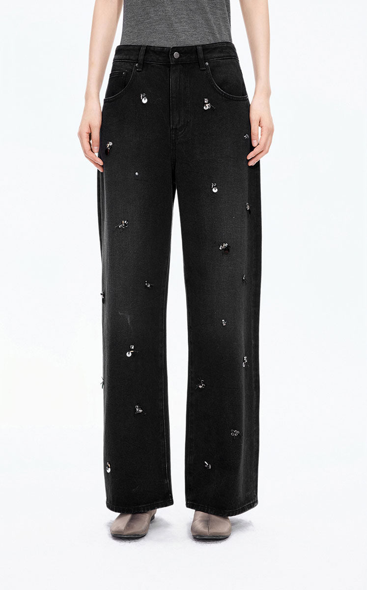 Pants / JNBY Beaded Straight-Leg Denim Black