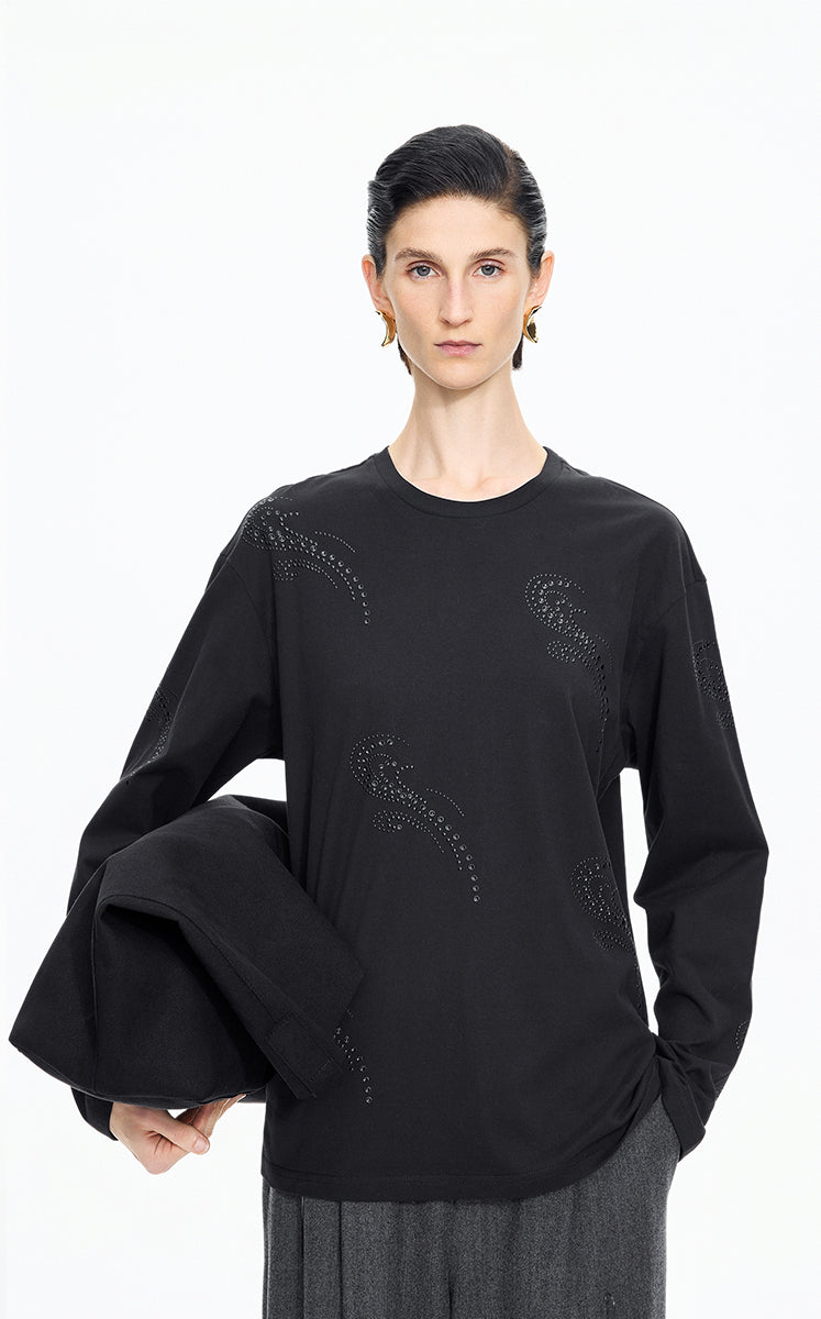 T-Shirt / JNBY Ripple Crystal Cotton Long-Sleeve Tee Black