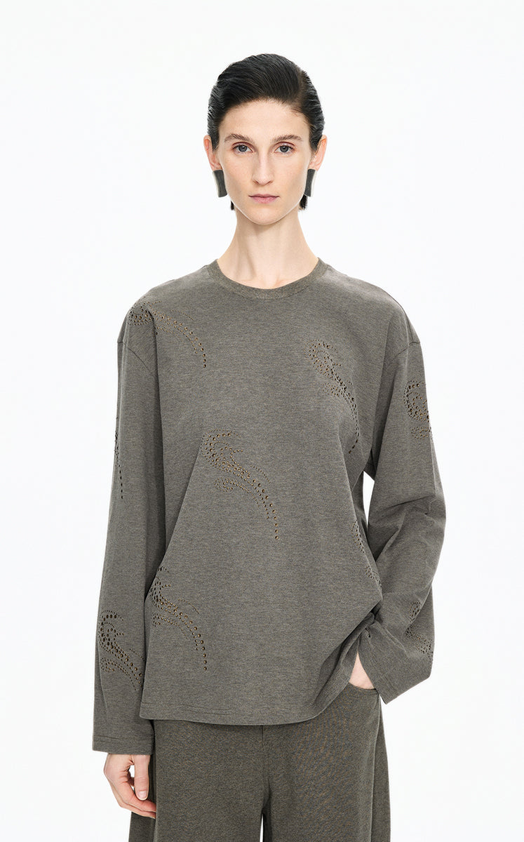 T-Shirt / JNBY Ripple Crystal Cotton Long-Sleeve Tee Grey-Brown