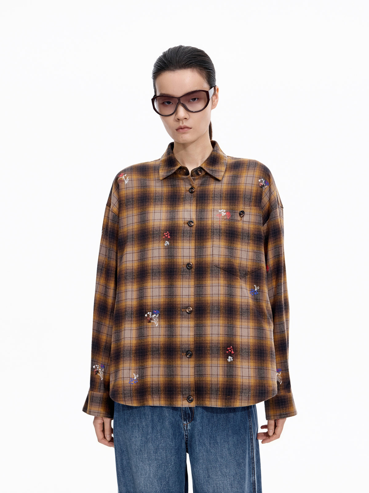 Shirt / JNBY Oversized Cotton Plaid Shirt with Embroidery