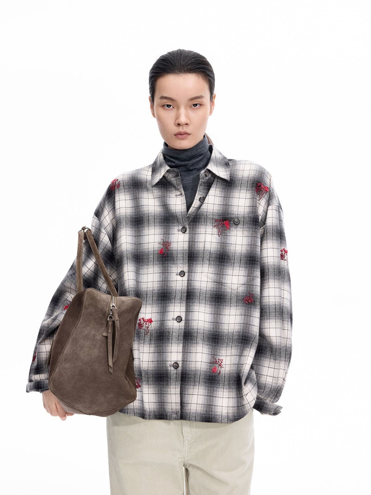 Shirt / JNBY Oversized Cotton Plaid Shirt with Embroidery