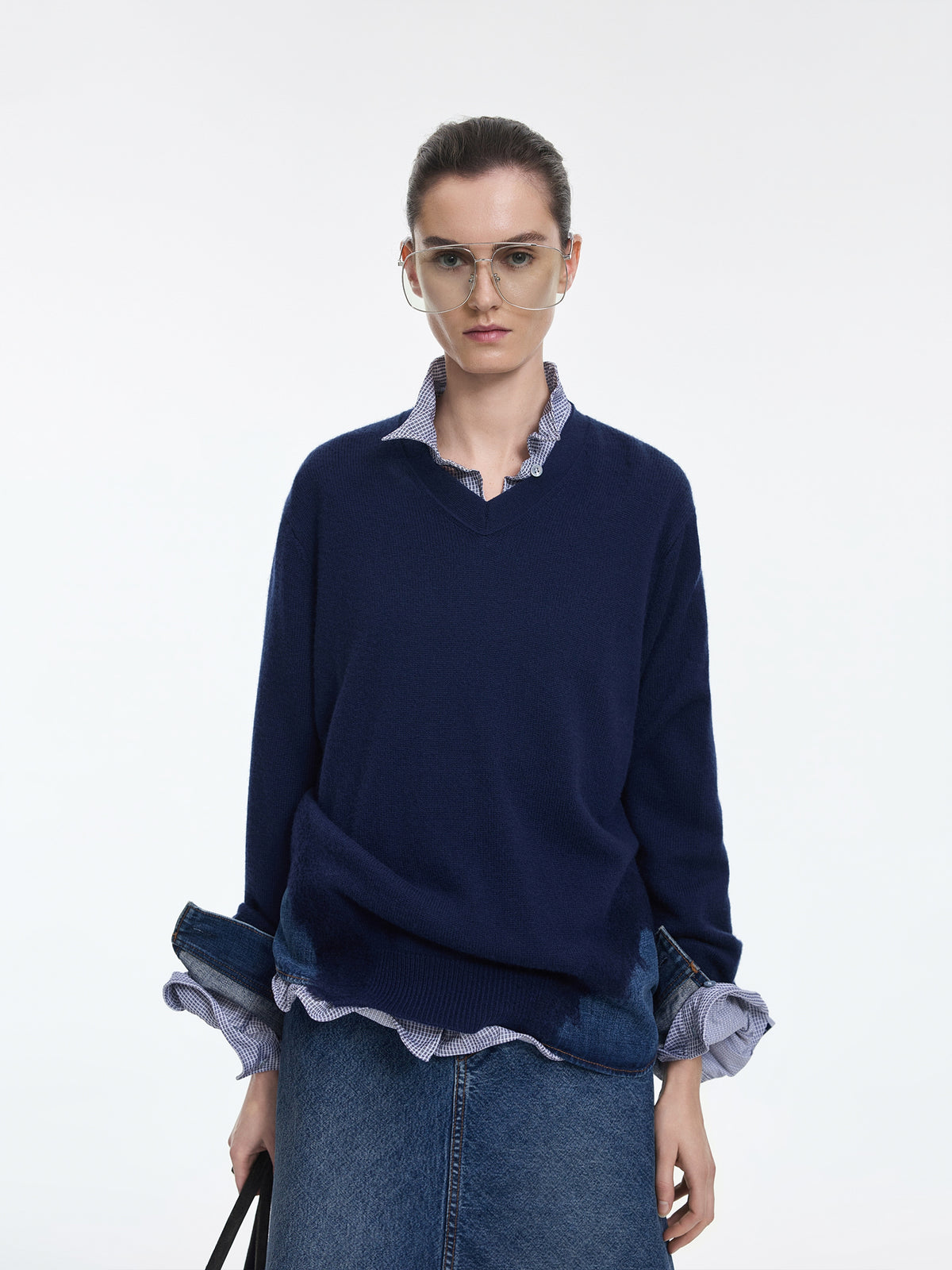 Sweater / JNBY Wool Yak Blend V-Neck Patchwork Pullover