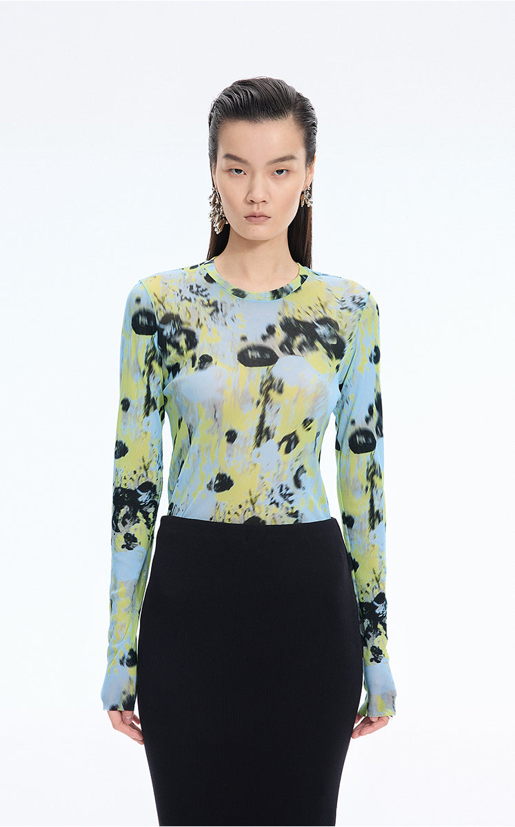 T-Shirt / JNBY Floral Print Fitted Long Sleeve Tee Blue