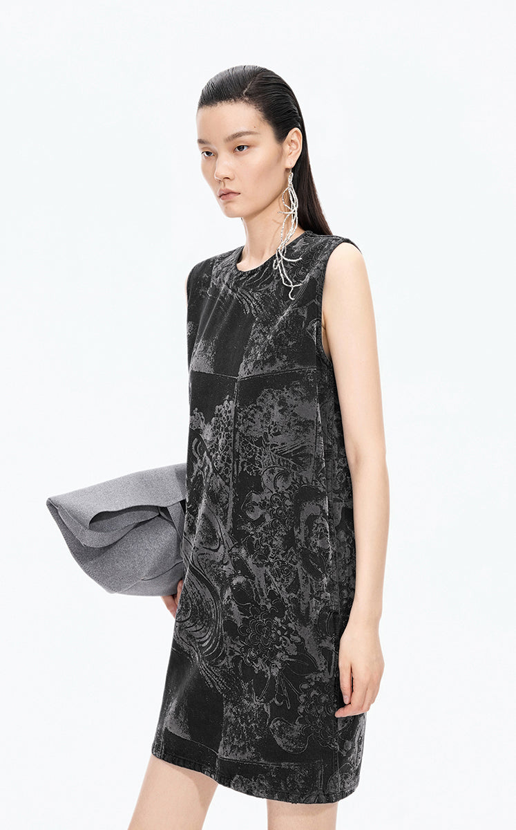 Dress / JNBY A-Line Flocked Denim Sleeveless Dress