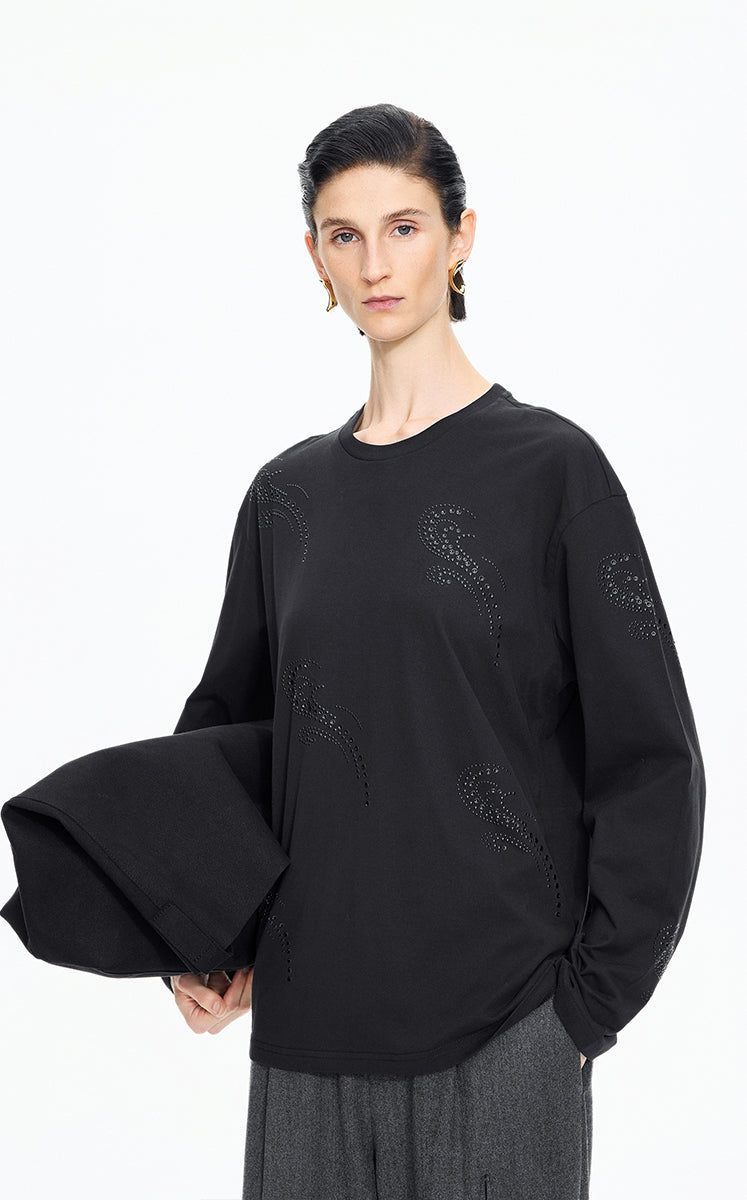 T-Shirt / JNBY Ripple Crystal Cotton Long-Sleeve Tee